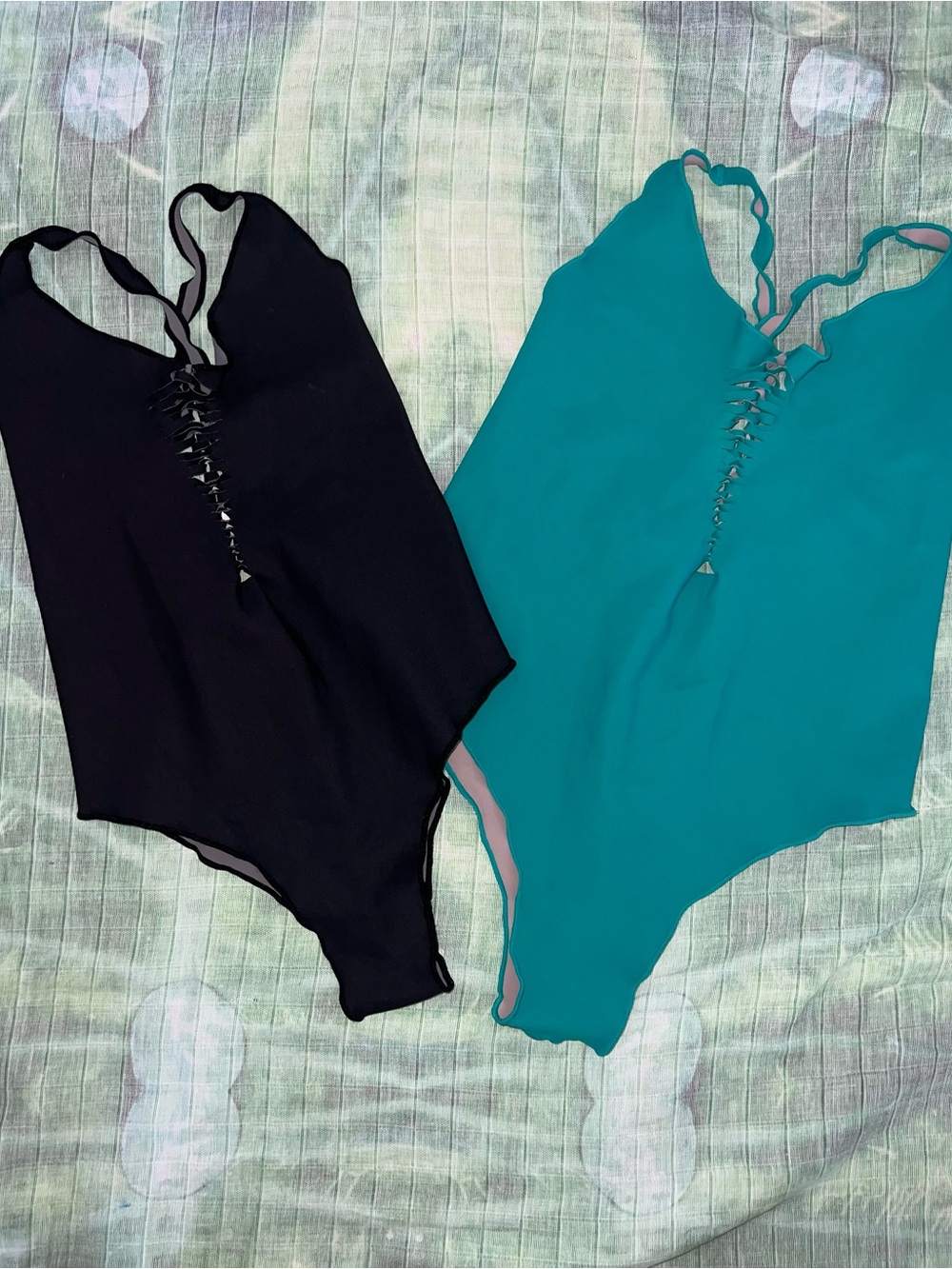 SANLORENZO Lace-Up V-Neck One-Piece Swimsuits - Black XS & Teal L